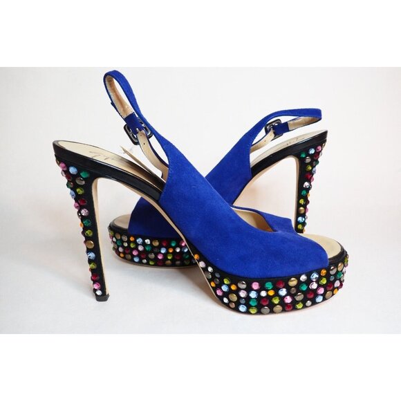 Giuseppe Zanotti Design Blue Suede Peep Toe Bejeweled Platform Heels, Size 9 US - Picture 9 of 14